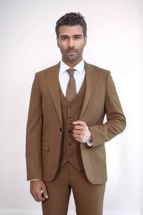 Three Piece Slim Fit Single Button Tan Men Suit