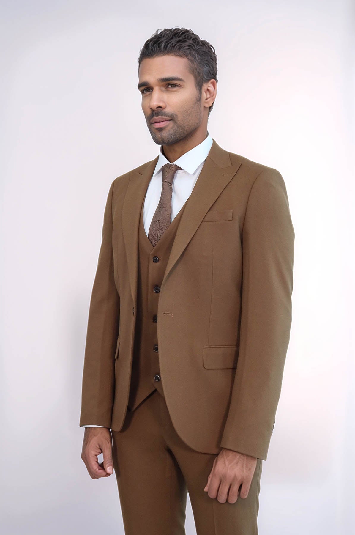Three Piece Slim Fit Single Button Tan Men Suit