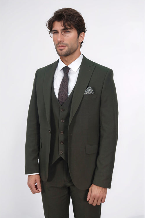 Three Piece Slim Fit Single Button Green Men Suit