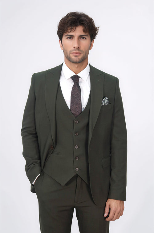 Three Piece Slim Fit Single Button Green Men Suit