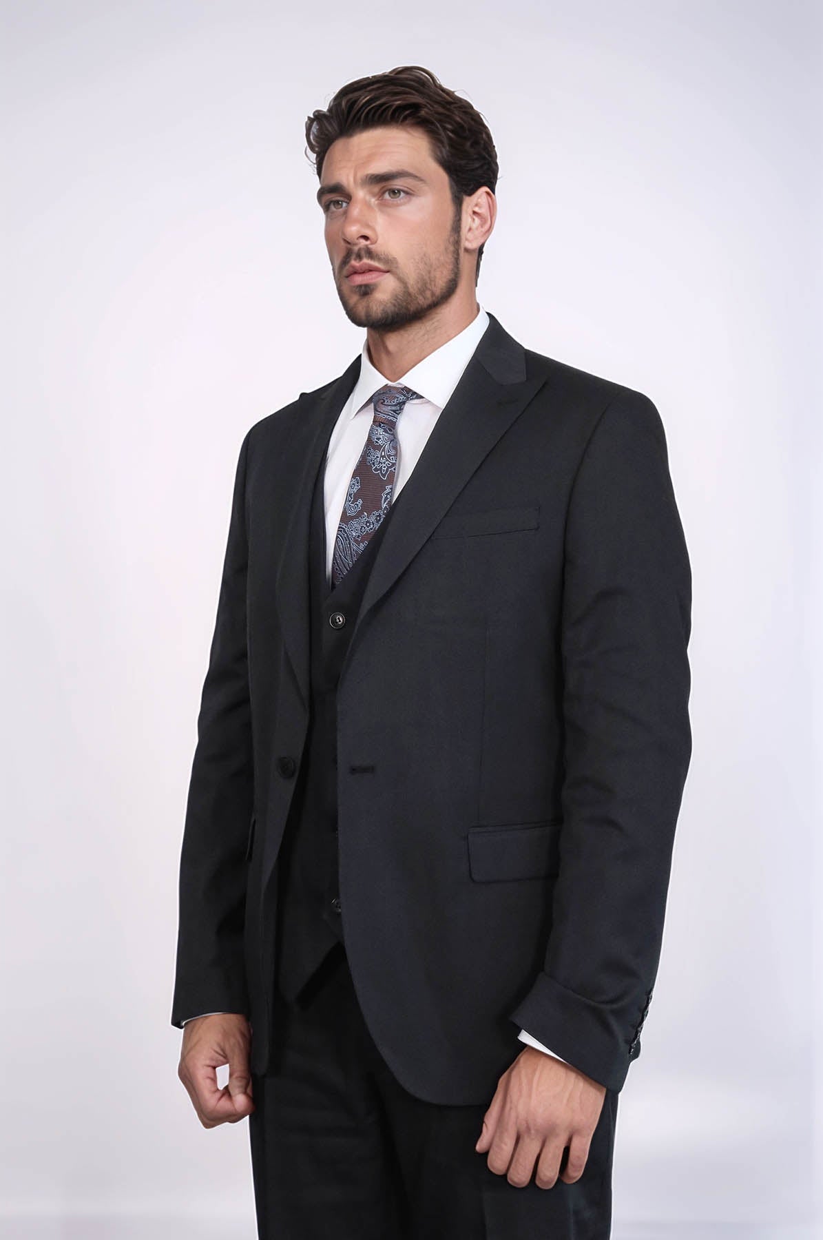 3 -Piece Single Button Peak Lapel Black Men Suit - Wessi