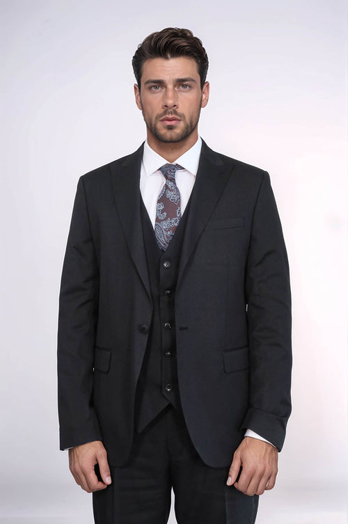 3 -Piece Single Button Peak Lapel Black Men Suit - Wessi