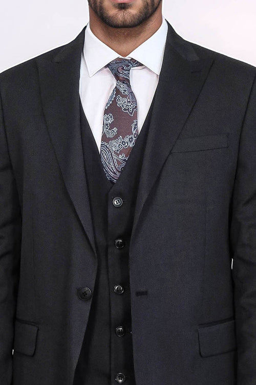 3 -Piece Single Button Peak Lapel Black Men Suit - Wessi