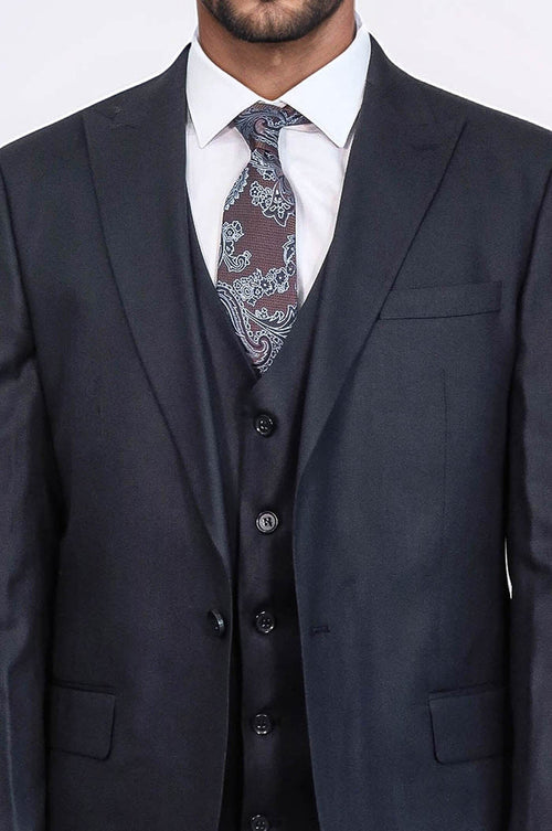 3 -Piece Single Button Peak Lapel Dark Blue Men Suit - Wessi