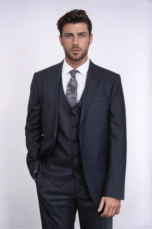 3 -Piece Single Button Peak Lapel Dark Blue Men Suit - Wessi