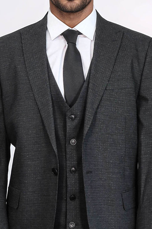 3 -Piece Single Button Peak Lapel Dark Grey Men Suit - Wessi