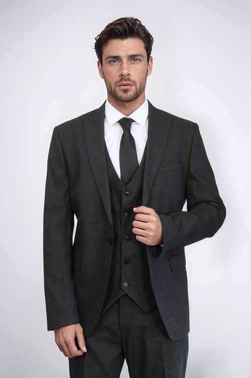 3 -Piece Single Button Peak Lapel Dark Grey Men Suit - Wessi