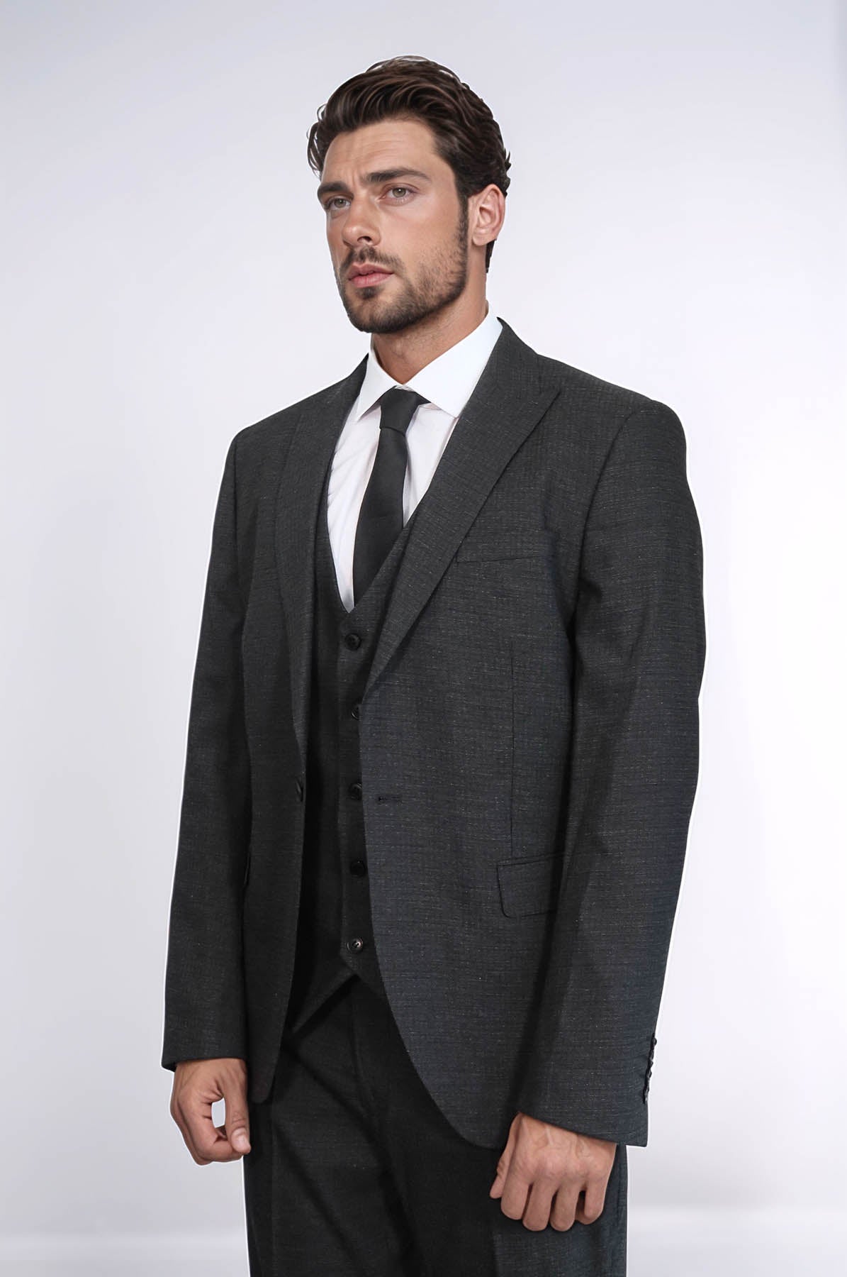3 -Piece Single Button Peak Lapel Dark Grey Men Suit - Wessi