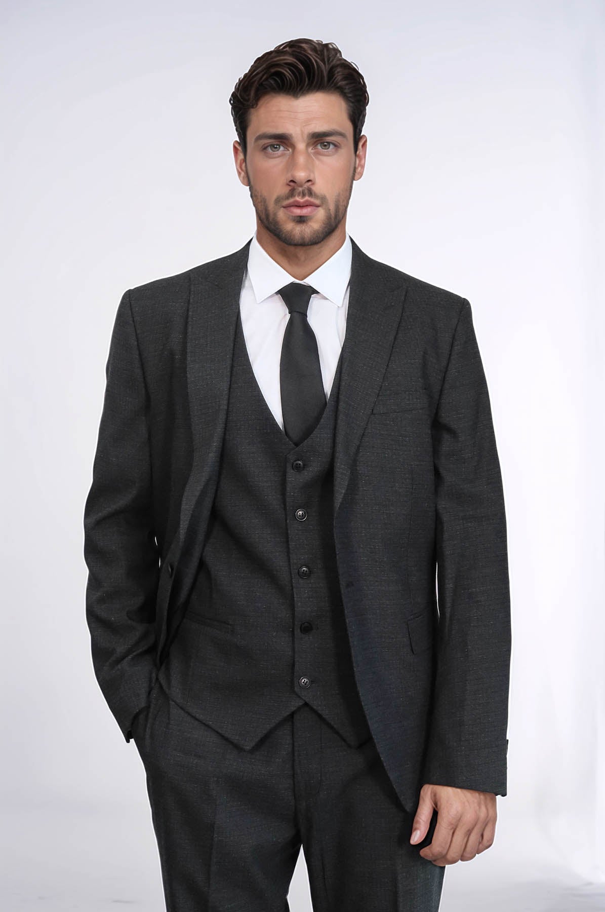 3 -Piece Single Button Peak Lapel Dark Grey Men Suit - Wessi