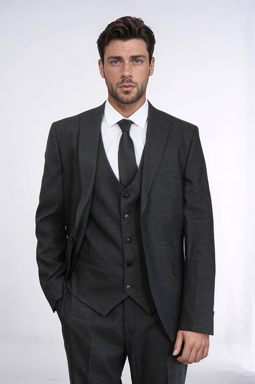 3 -Piece Single Button Peak Lapel Dark Grey Men Suit - Wessi
