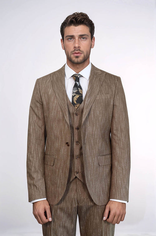 3 -Piece Single Button Peak Lapel Tan Men Suit - Wessi