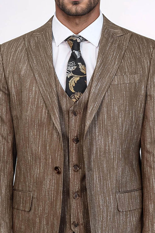 3 -Piece Single Button Peak Lapel Tan Men Suit - Wessi