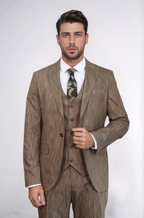 3 -Piece Single Button Peak Lapel Tan Men Suit - Wessi