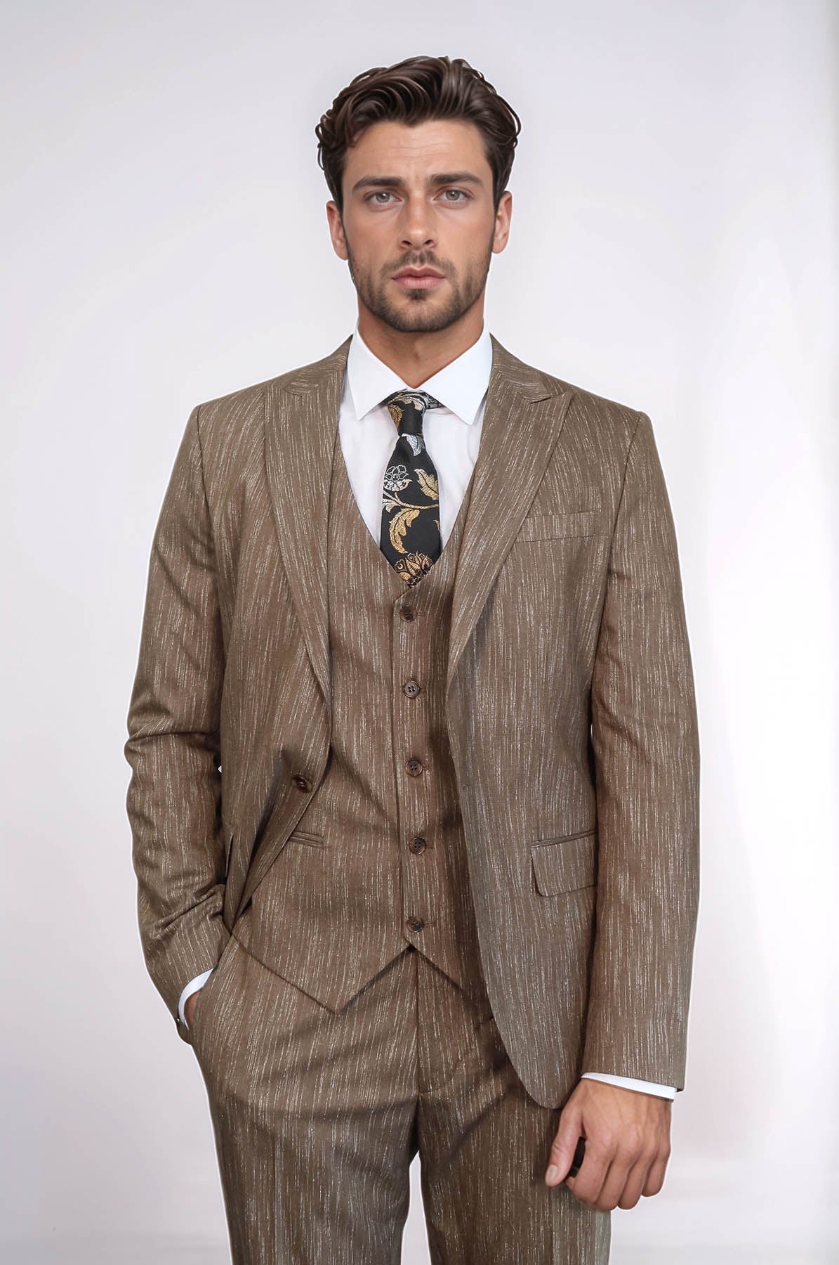 3 -Piece Single Button Peak Lapel Tan Men Suit - Wessi