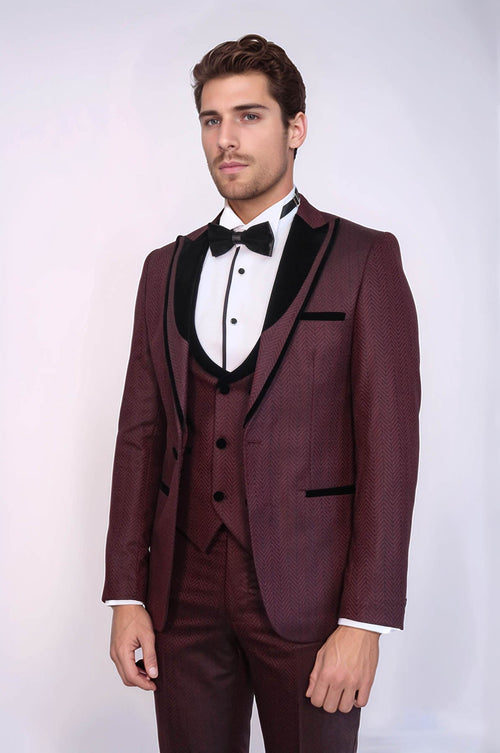 Velvet Lapel Patterned Vested Burgundy Men Tuxedo - Wessi