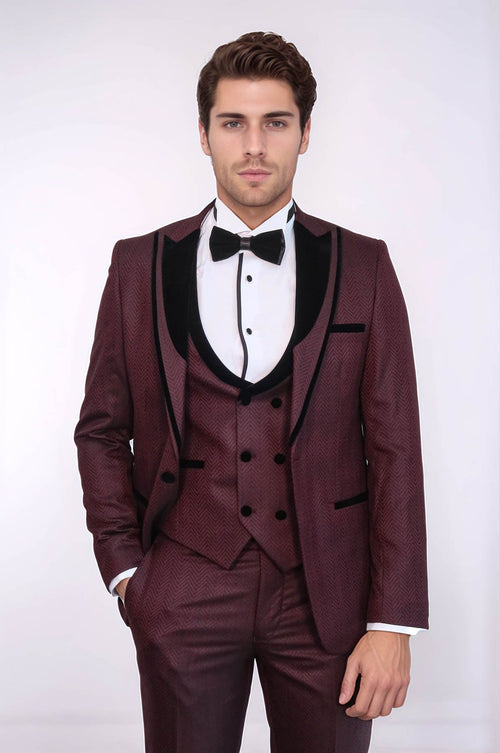 Velvet Lapel Patterned Vested Burgundy Men Tuxedo - Wessi