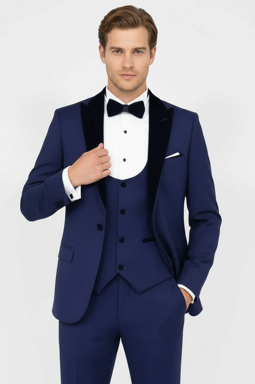 Velvet Lapel Slim Fit Blue Men Suit - Wessi