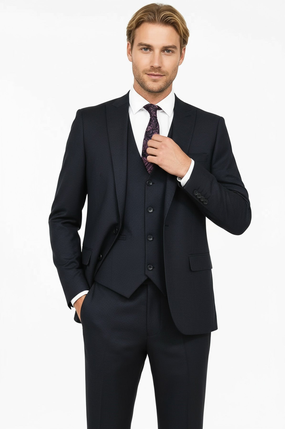 Slim Fit Patterned Navy Blue Men Suit - Wessi