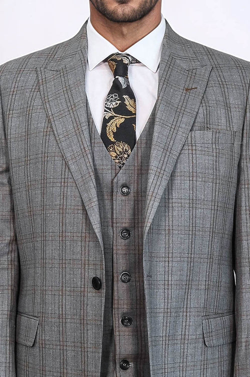 Checked Slim Fit Grey Men Suit - Wessi