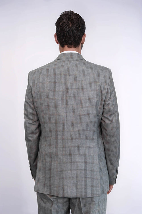 Checked Slim Fit Grey Men Suit - Wessi
