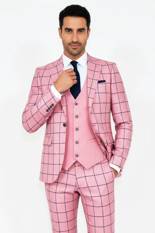 Slim Fit Patterned Pink Men Combination Suit - Wessi