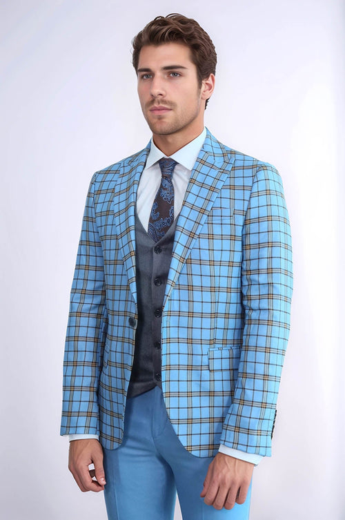 Grey Vested Slim Fit Checked Light Blue Men Suit - Wessi