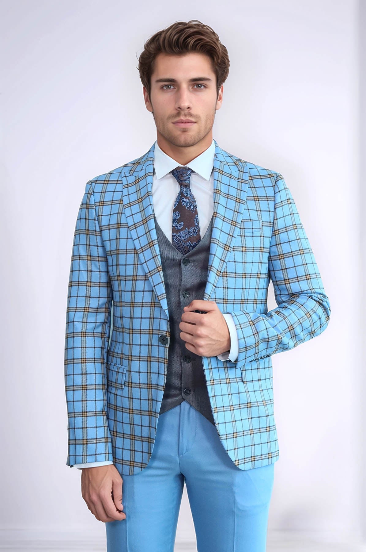 Grey Vested Slim Fit Checked Light Blue Men Suit - Wessi