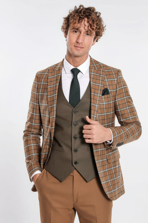 Brown Vested Slim Fit Checked Tan Men Suit - Wessi