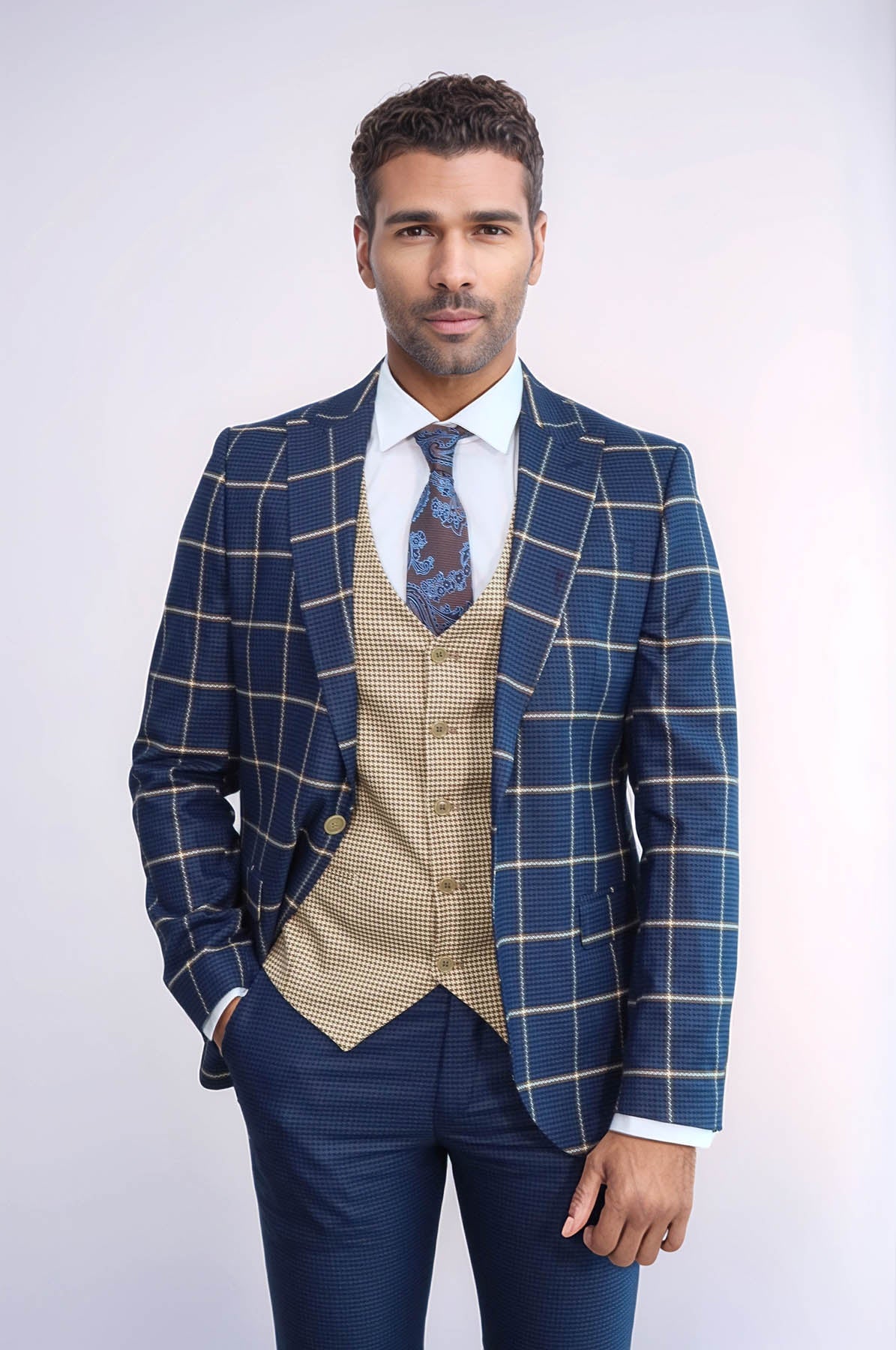 Checked Patterned Slim Fit Navy Blue Men Suit - Wessi