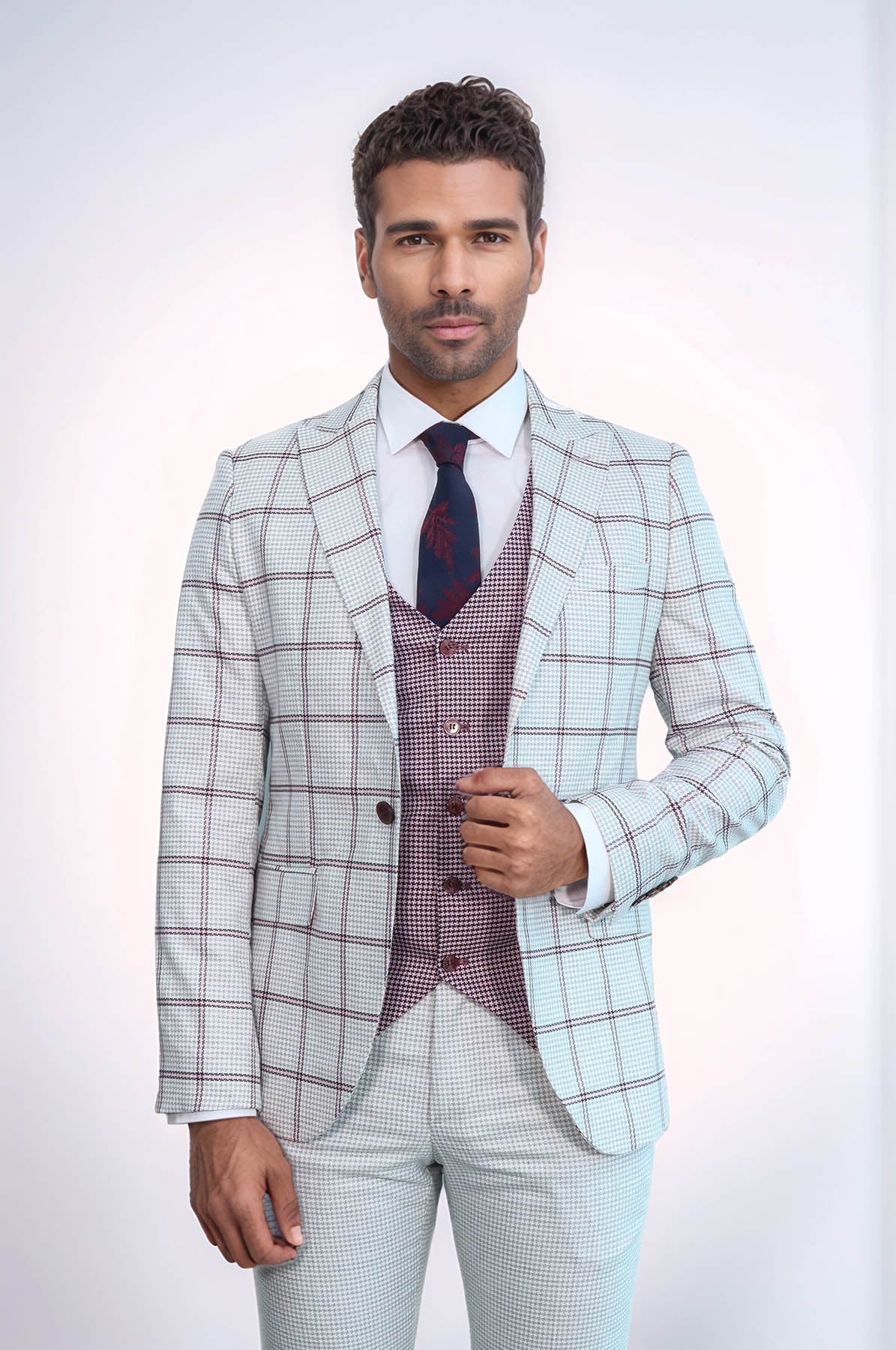 Checked Patterned Vested Light Grey Men Suit - Wessi