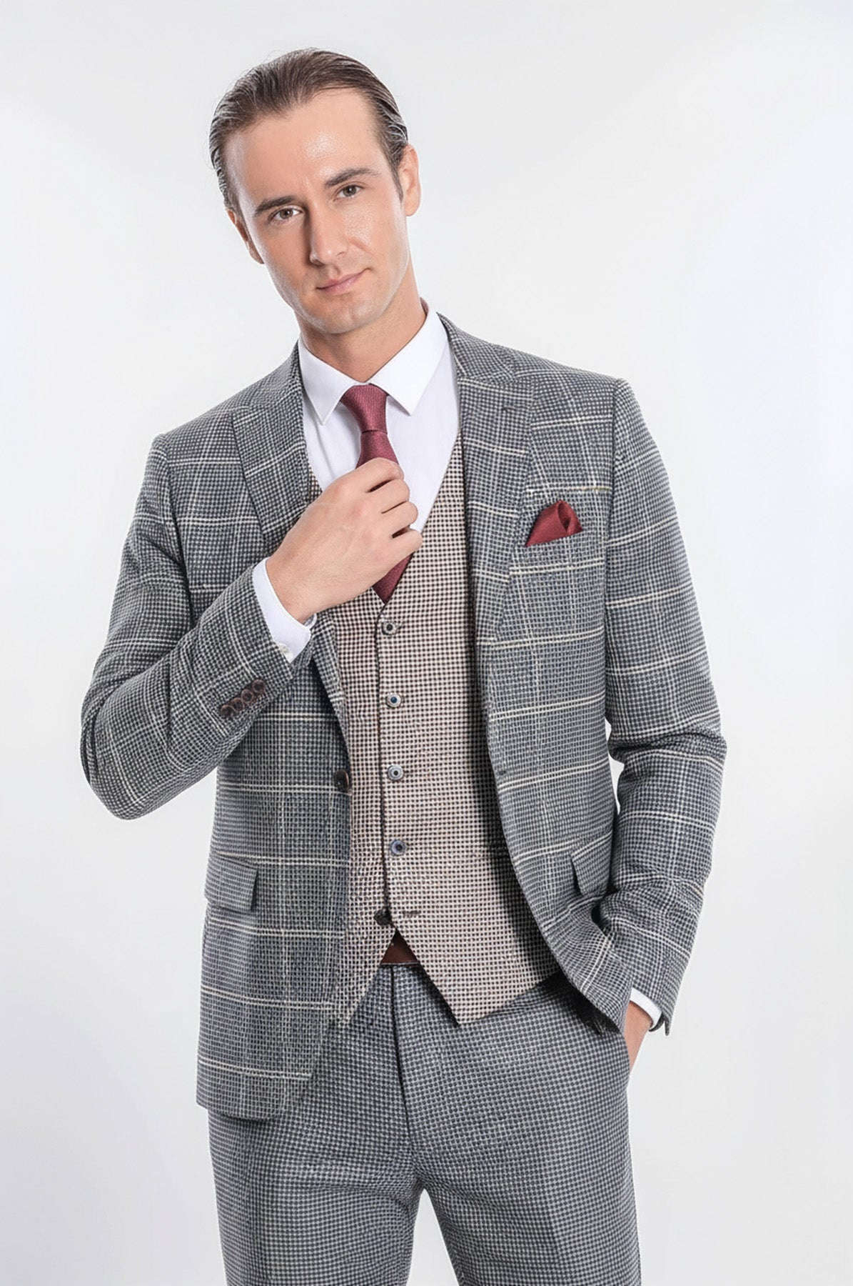 Checked Patterned Beige Vested Slim Fit Grey Men Suit - Wessi