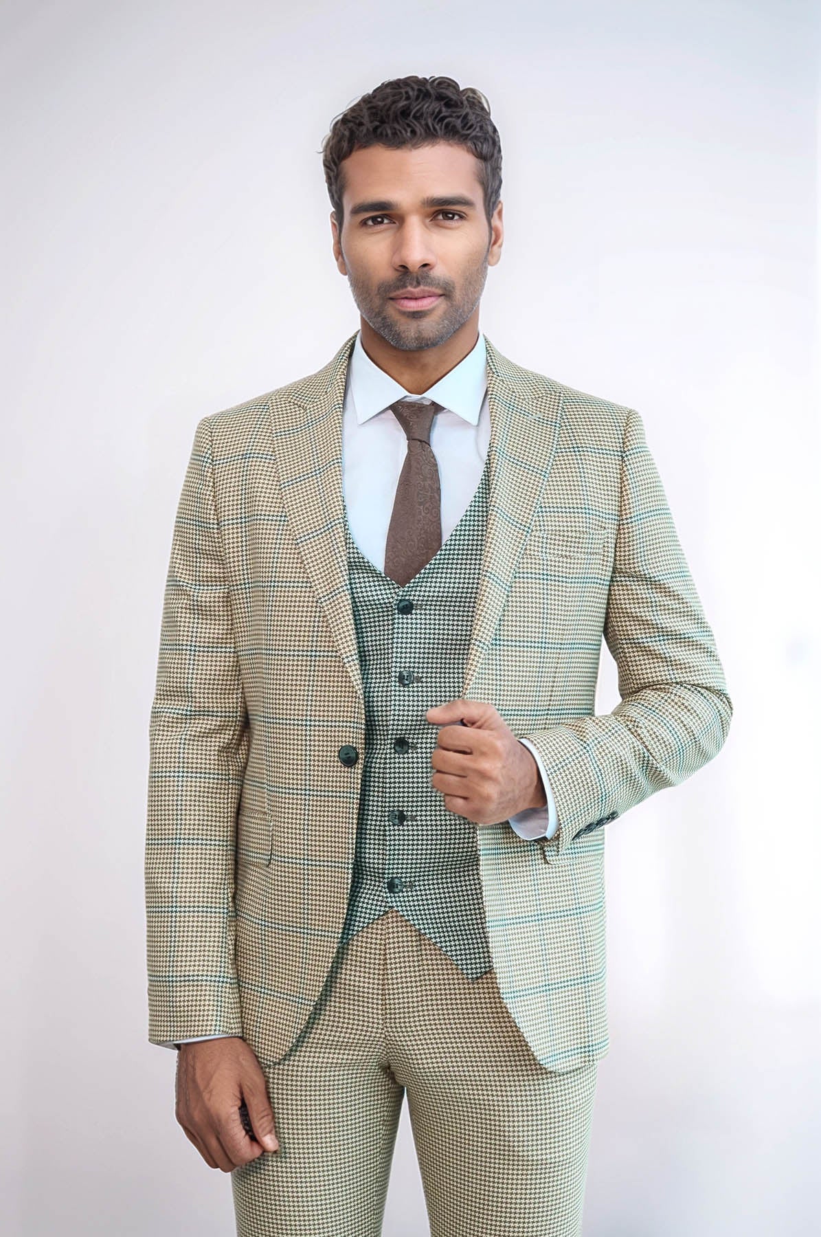 Checked Patterned Slim Fit Beige Men Suit - Wessi