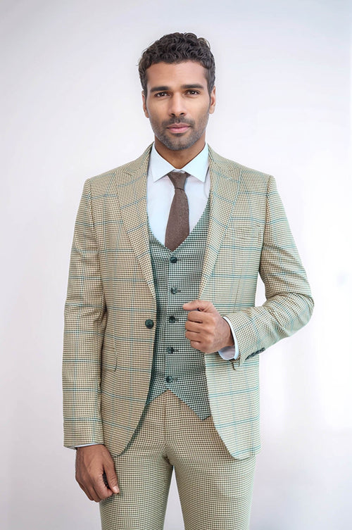 Checked Patterned Slim Fit Beige Men Suit - Wessi