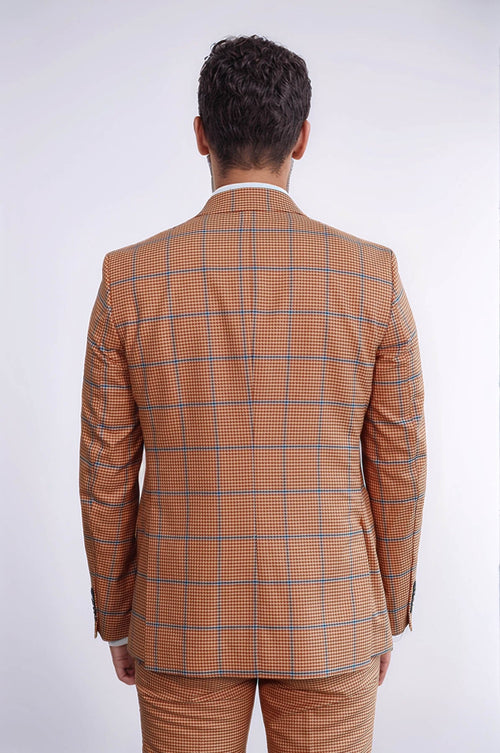 Checked Patterned Slim Fit Orange Men Suit - Wessi