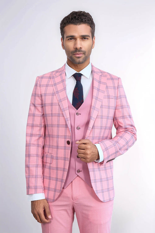 Checked Patterned Slim Fit Pink Men Suit - Wessi