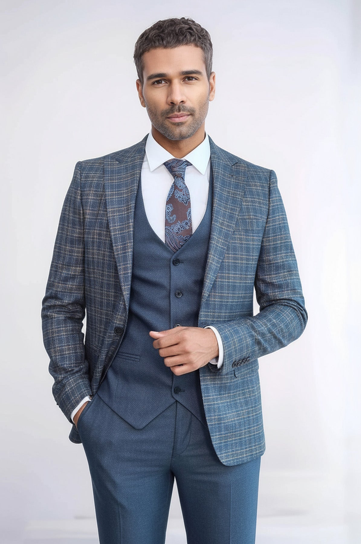 Checked Slim Fit Blue Men Suit - Wessi