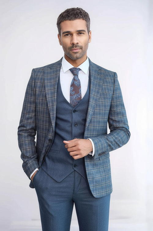Checked Slim Fit Blue Men Suit - Wessi