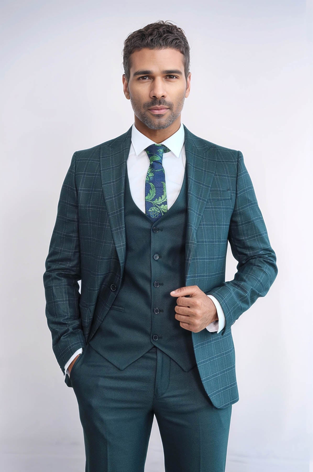 Checked Slim Fit Green Men Suit - Wessi