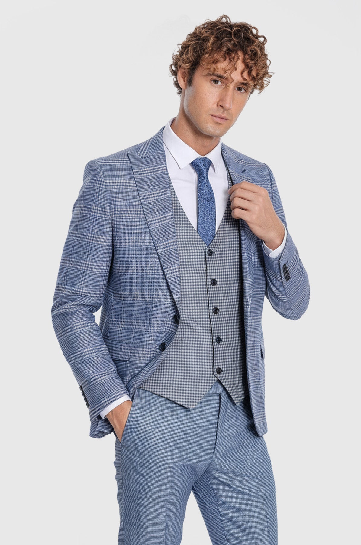 Patterned Checked Slim Fit Blue Men Suit - Wessi