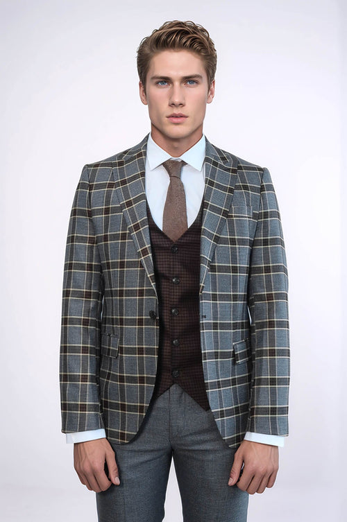 Patterned Checked Slim Fit Anthracite Men Suit - Wessi