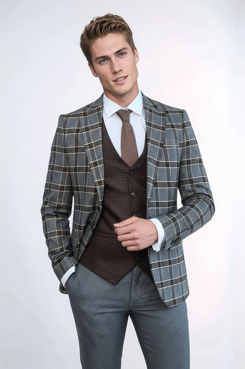 Patterned Checked Slim Fit Anthracite Men Suit - Wessi