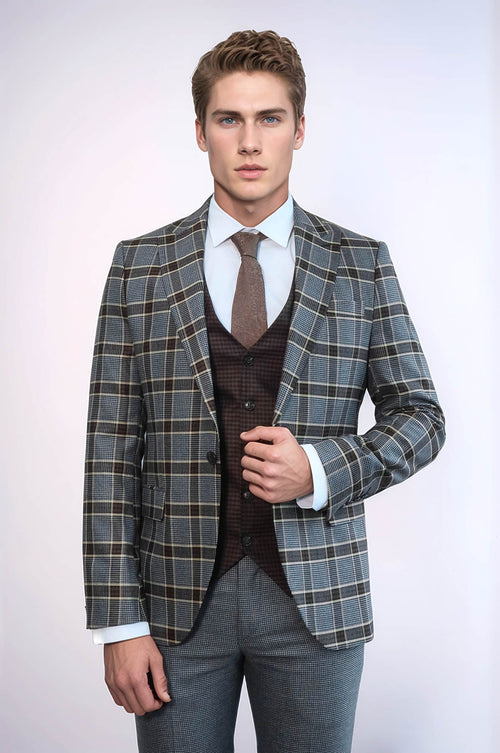Patterned Checked Slim Fit Anthracite Men Suit - Wessi