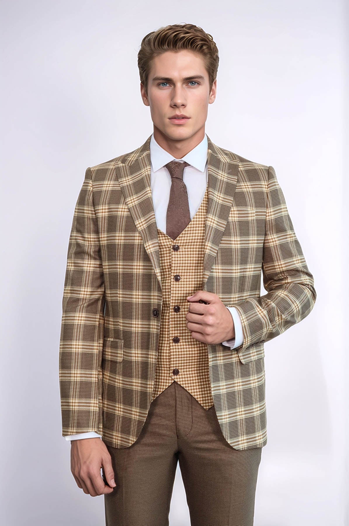 Slim Fit Patterned Checked Light Brown Men Suit - Wessi