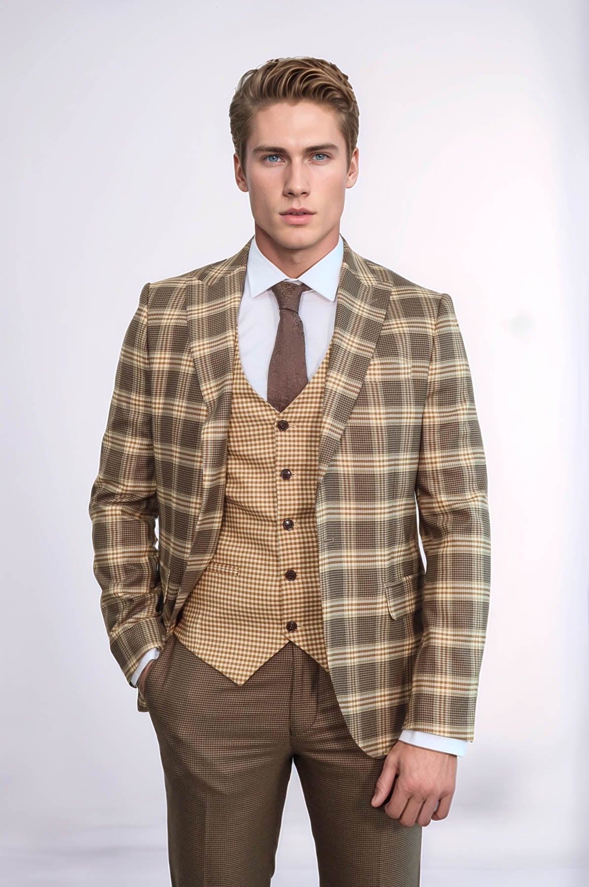 Slim Fit Patterned Checked Light Brown Men Suit - Wessi