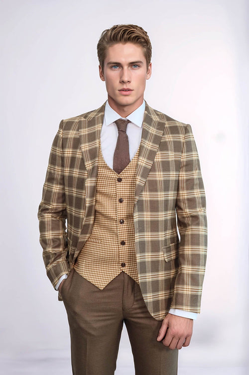 Slim Fit Patterned Checked Light Brown Men Suit - Wessi