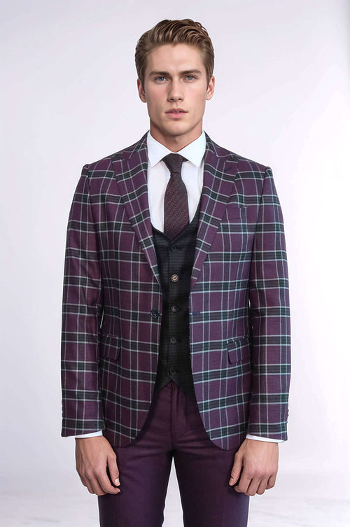 Slim Fit Patterned Checked Burgundy Men Suit - Wessi