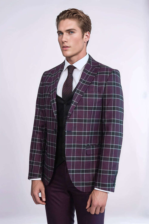 Slim Fit Patterned Checked Burgundy Men Suit - Wessi