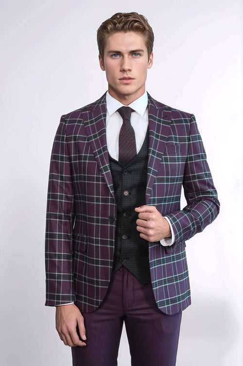 Slim Fit Patterned Checked Burgundy Men Suit - Wessi