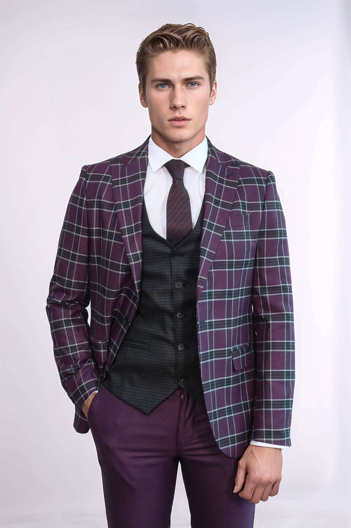 Slim Fit Patterned Checked Burgundy Men Suit - Wessi