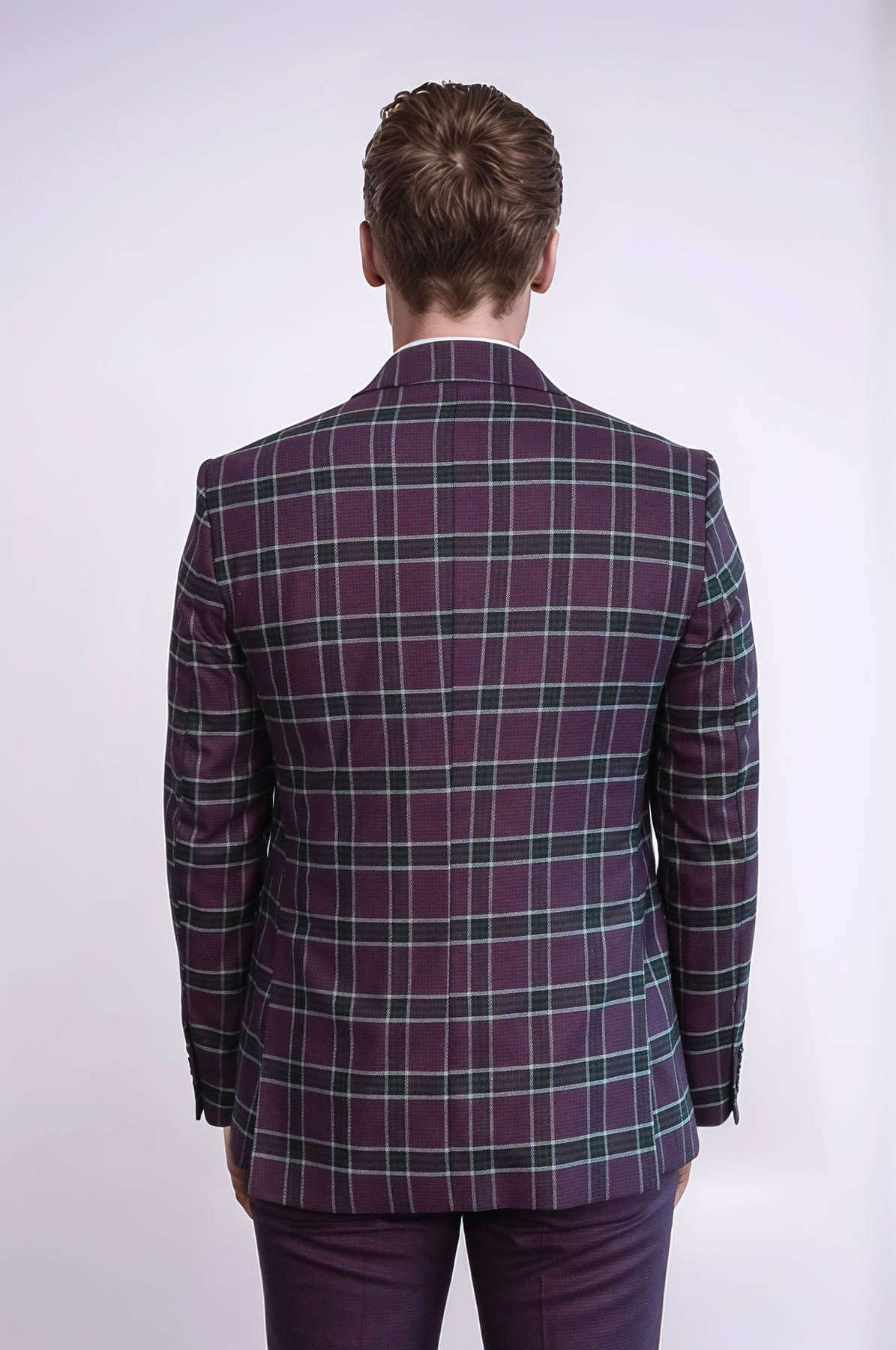 Slim Fit Patterned Checked Burgundy Men Suit - Wessi